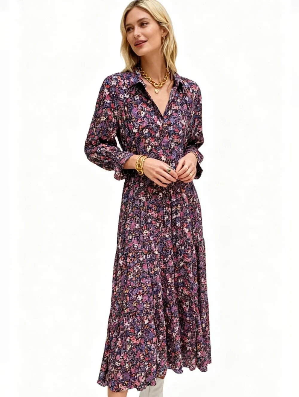 Natural Life Floral Long-Sleeve Button-Front Midi Dress Size XL